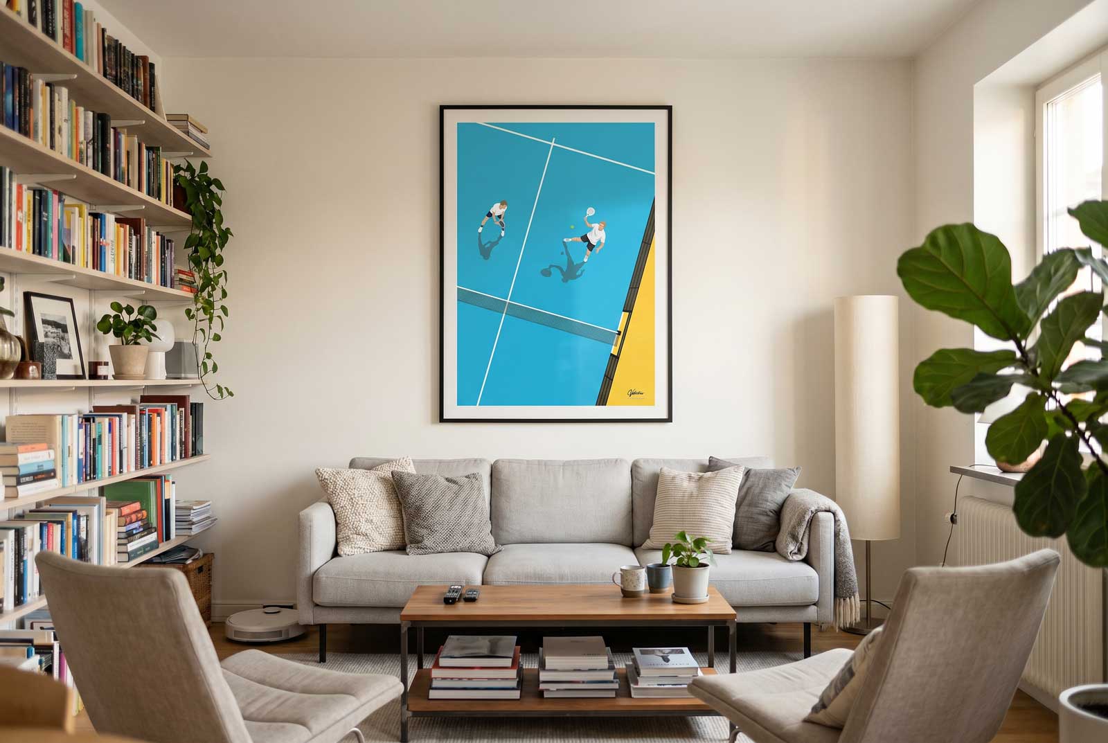 Take the Net padel team poster in blue and yellow, hung at 70x100cm above a sofa in a neutral modern living room